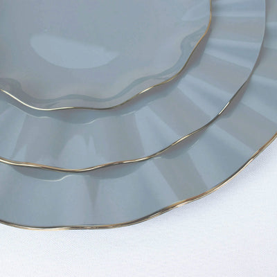 10-Pack Plastic Round Dinner Plates 11" Dusty Blue Ruffled Rim with Gold Edging - Heavy Duty Disposable Dinnerware