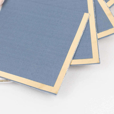 50-Pack Paper Beverage Napkins 2 Ply Dusty Blue with Gold Foil Edge 5"x5" - Soft Disposable Cocktail Napkins 18GSM
