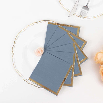 50-Pack Paper Beverage Napkins 2 Ply Dusty Blue with Gold Foil Edge 5"x5" - Soft Disposable Cocktail Napkins 18GSM