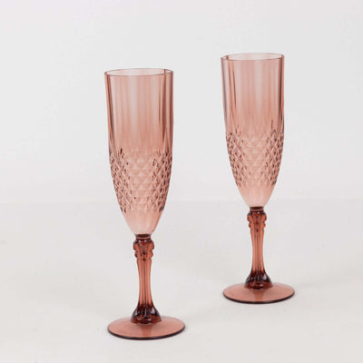 6-Pack Transparent Plastic Champagne Glasses 8oz, Crystal Cut Style Dusty Rose - Shatterproof Wedding Toast Flutes