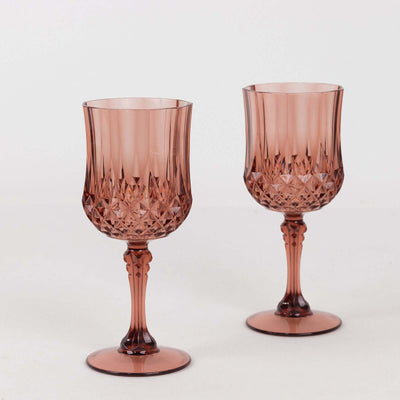 6-Pack Transparent Plastic Crystal Cut Wine Glasses 8oz, Dusty Rose - Shatterproof Cocktail Goblets
