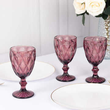 6 Pack Dusty Rose Crystal Cut Wine Glasses Goblets, 12oz Embossed Stemmed Colored Cocktail Glasses - 7"