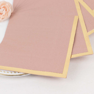50-Pack Paper Beverage Napkins 2 Ply Dusty Rose with Gold Foil Edge 5"x5" - Soft Disposable Cocktail Napkins 18GSM