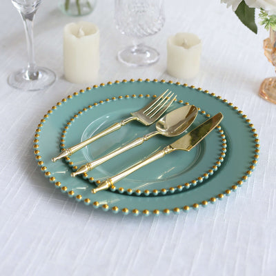10 Pack Plastic Dessert Appetizer Plates in Dusty Sage Green with Gold Beaded Rim, Disposable Round Salad Party Plates 8"