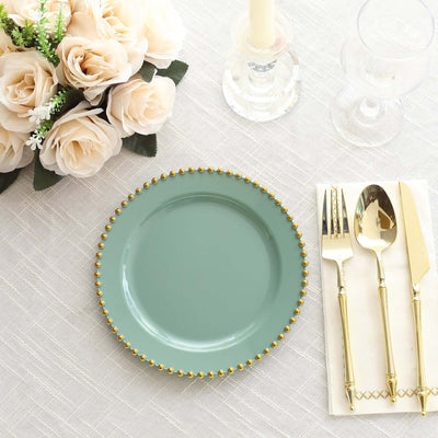 10 Pack Plastic Dessert Appetizer Plates in Dusty Sage Green with Gold Beaded Rim, Disposable Round Salad Party Plates 8"