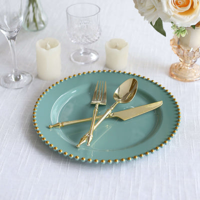 10-Pack Plastic Round Dinner Plates 10" Dusty Sage Green with Gold Beaded Rim - Disposable Party Plates