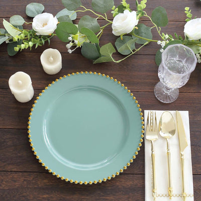 10-Pack Plastic Round Dinner Plates 10" Dusty Sage Green with Gold Beaded Rim - Disposable Party Plates