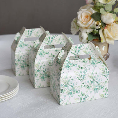 25 Pack White Green Party Favor Gift Tote Gable Boxes with Eucalyptus Leaves Print, Candy Treat Boxes - 6"x3.5"x7"