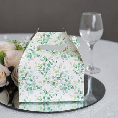 25 Pack White Green Party Favor Gift Tote Gable Boxes with Eucalyptus Leaves Print, Candy Treat Boxes - 6"x3.5"x7"