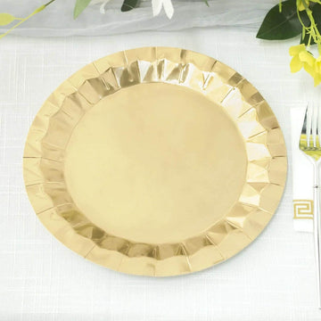 25 Pack Geometric Metallic Gold Foil Dinner Paper Plates, Disposable Party Plates 400 GSM 9"