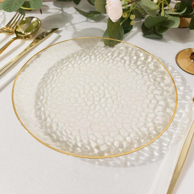 10-Pack Economy Plastic Charger Plates 13" Round Clear Hammered Design with Glittered Gold Rim - Decorative Dinner Party Serving Plates