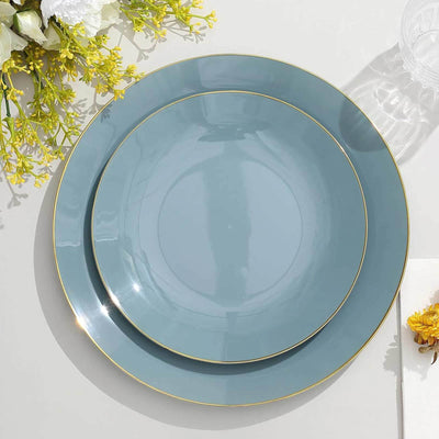 10-Pack Plastic Round Dessert Plates 8" Dusty Blue with Gold Rim - Glossy Disposable Appetizer Salad Plates