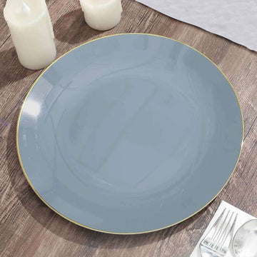 Elegant Dusty Blue Round Plastic Dinner Plates with Gold Rim