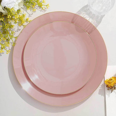 10-Pack Plastic Round Dessert Plates 8" Dusty Rose with Gold Rim - Glossy Disposable Appetizer Salad Plates