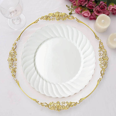 12-Pack Plastic Dinner Plates 10" Glossy White Swirl Rim - Round Disposable Party Plates