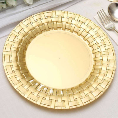10-Pack Plastic Dinner Plates 10" Gold Basketweave Rim - Premium Disposable Party Plates