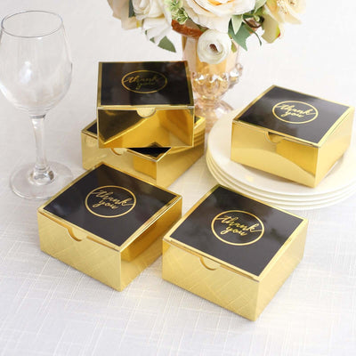 25 Pack Black Gold "Thank You" Print Paper Gift Boxes, Cardstock Party Shower Candy Favor Boxes - 4"x4"x2"