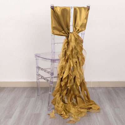 5 Pack Chiffon Satin Chair Sashes Gold Curly Willow Style - Easy to Use Flowy Chair Bows for Soft & Romantic Event Decor