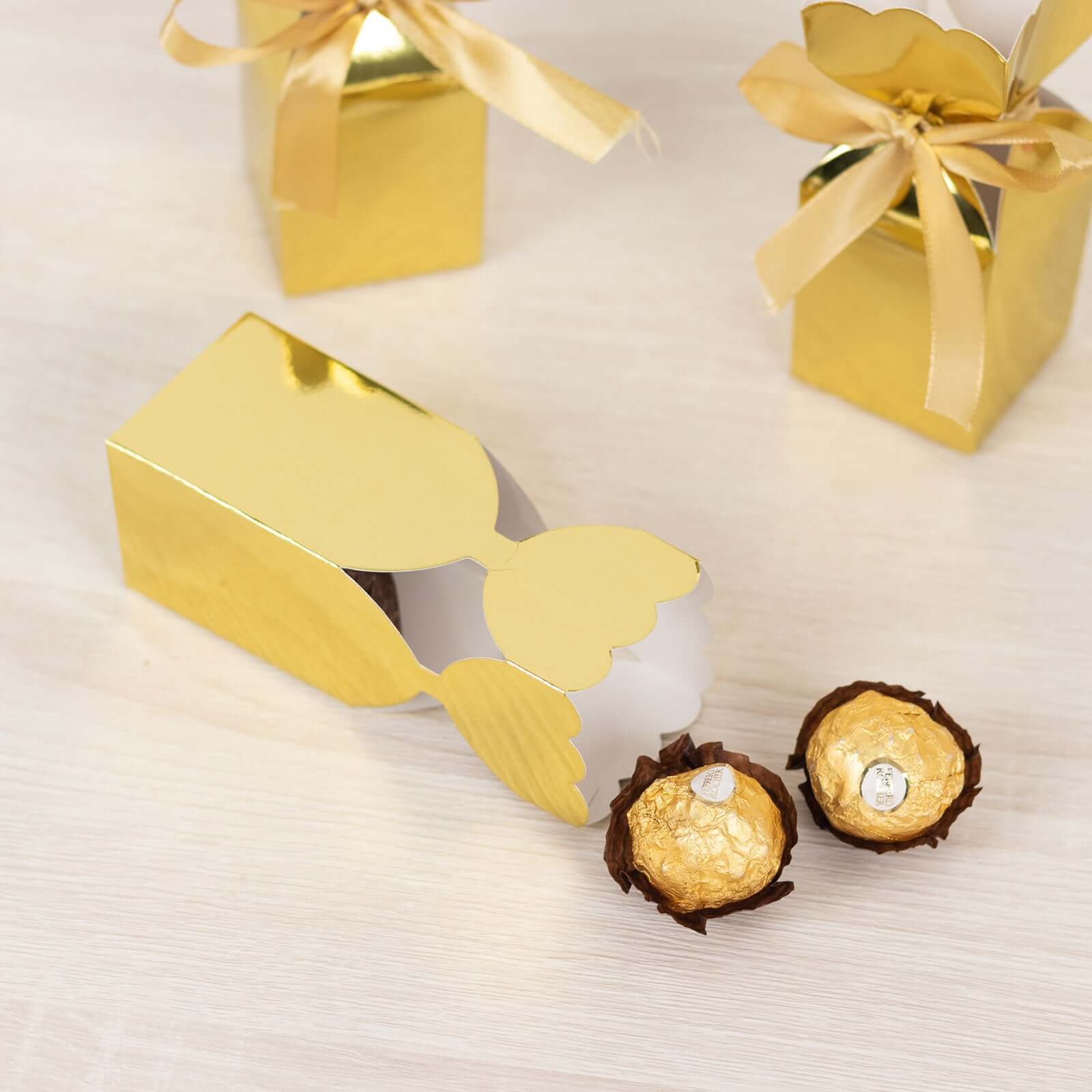 25-Pack Gold Floral Satin Ribbon Candy Boxes | eFavormart.com