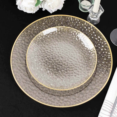 10-Pack Plastic Round Dessert Appetizer Plates 7" Gold Glitter Clear Hammered Design with Gold Rim - Modern Disposable Salad Plates
