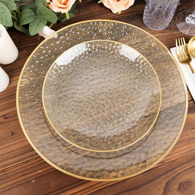 10-Pack Plastic Round Dessert Appetizer Plates 7" Gold Glitter Clear Hammered Design with Gold Rim - Modern Disposable Salad Plates