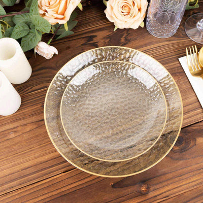 10-Pack Plastic Round Dessert Appetizer Plates 7" Gold Glitter Clear Hammered Design with Gold Rim - Modern Disposable Salad Plates