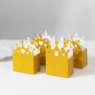 20-Pack Cardstock Favor Boxes 3.5"x 2"x 5" Gold Glitter Princess Crown Design - Dazzling Candy Treat Bags for Glam Enchanted Fairy Tale Themed Events & Parties