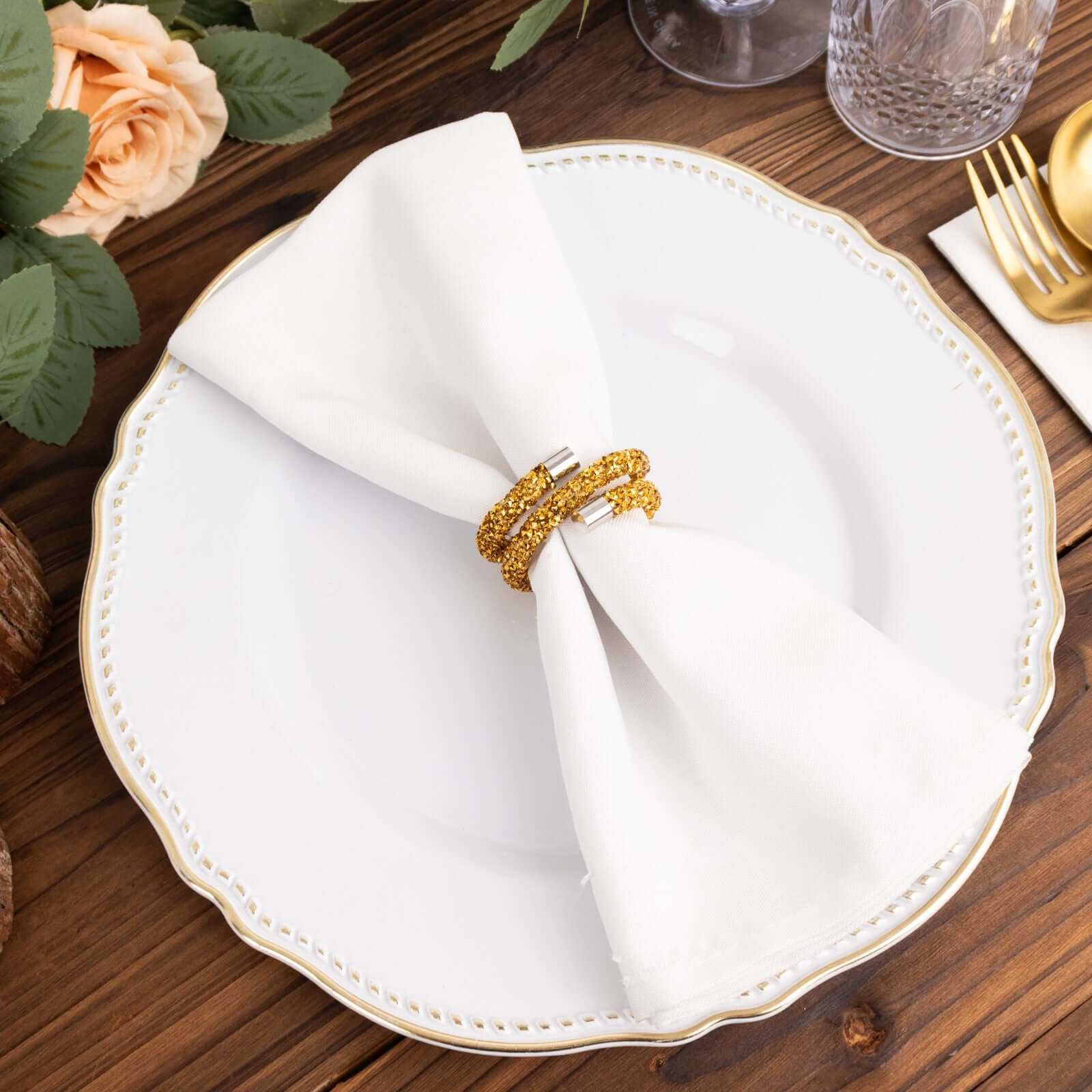 4 Metal Flower Napkin Rings with Faux Pearls and Rhinestones Silver