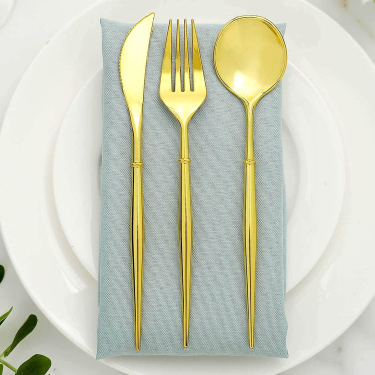 24 Pack | Gold 8Inch Modern Plastic Silverware Set Heavy Duty Flatware, Disposable Cutlery