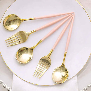 24 Pack Gold Premium Plastic Fork Spoon Utensil Set, Modern Heavy Duty Disposable Silverware 6"