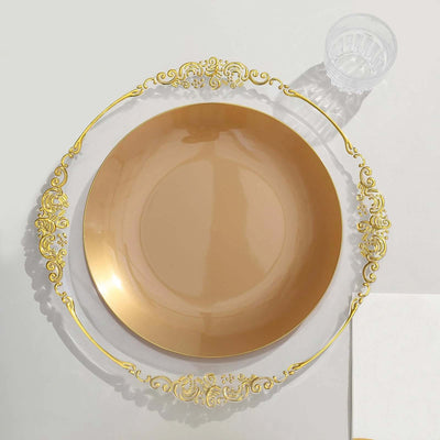 10-Pack Plastic Round Dinner Plates 10" Gold with Gold Rim - Glossy Disposable Party Plates