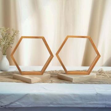 2 Pack Hexagon Rustic Wood Centerpiece Natural Geometric Terrarium Honeycomb Storage Shelf 9" Tall