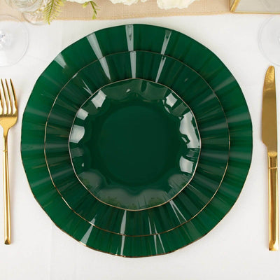 10-Pack Plastic Round Dessert Plates 6" Hunter Emerald Green Ruffled Rim with Gold Edging - Heavy Duty Disposable Salad Appetizer Dinnerware