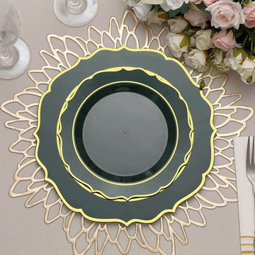 10 Pack Hunter Emerald Green Plastic Dessert Salad Plates, Disposable Tableware Round With Gold Scalloped Rim 8"