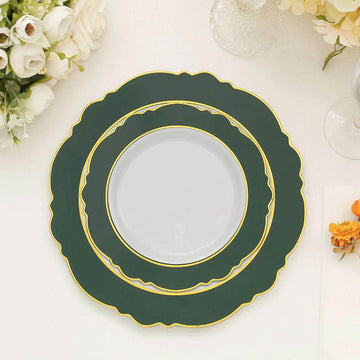 10 Pack Hunter Emerald Green / White Plastic Dessert Plates With Round Blossom Design, Disposable Salad Appetizer Plates With Gold Rim 8"