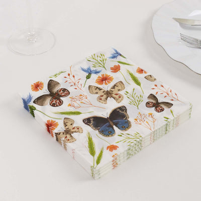 50-Pack Paper Beverage Napkins 2 Ply Ivory with Field Herbs and Butterfly Print 6.5"x6.5" - Stylish Garden Party Disposable Napkins 18GSM