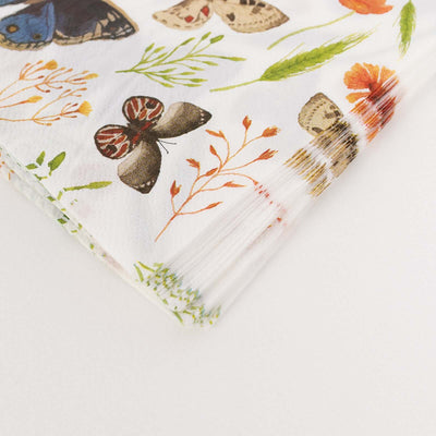 50-Pack Paper Beverage Napkins 2 Ply Ivory with Field Herbs and Butterfly Print 6.5"x6.5" - Stylish Garden Party Disposable Napkins 18GSM