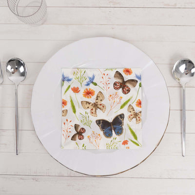 50-Pack Paper Beverage Napkins 2 Ply Ivory with Field Herbs and Butterfly Print 6.5"x6.5" - Stylish Garden Party Disposable Napkins 18GSM