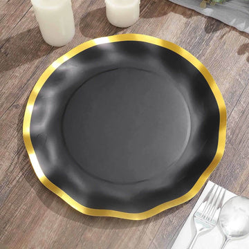 25 Pack Matte Black / Gold Wavy Rim Paper Dinner Plates, Disposable Round Party Plates 350 GSM 10"