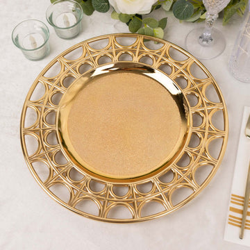 6 Pack Metallic Gold Acrylic Plastic Serving Plates With Hollow Semi Circle Rim, 13" Round Decorative Charger Plates