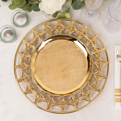 6-Pack Acrylic Charger Plates 13" Round Metallic Gold with Hollow Semi Circle Rim - Plastic Decorative Charger Tableware