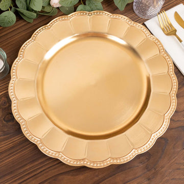 6 Pack Metallic Gold Acrylic Sunflower Charger Plates With Beaded Rim, Elegant Disposable Plastic Serving Plates 13" Round