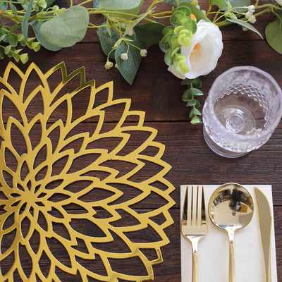 6-Pack Disposable Table Placemats 13" Metallic Gold Laser Cut Hibiscus Flower Design - 400GSM Cardboard Placemats for Upscale Events