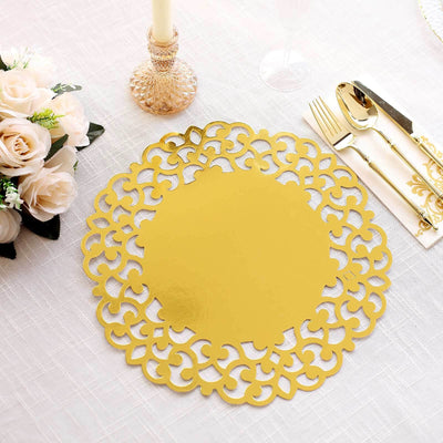 6-Pack Disposable Table Placemats 13" Metallic Gold Laser Cut Floral Rim - 400GSM Cardboard Placemats for Upscale Occasions