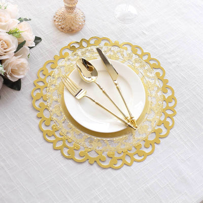 6-Pack Disposable Table Placemats 13" Metallic Gold Laser Cut Floral Rim - 400GSM Cardboard Placemats for Upscale Occasions