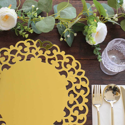 6-Pack Disposable Table Placemats 13" Metallic Gold Laser Cut Floral Rim - 400GSM Cardboard Placemats for Upscale Occasions