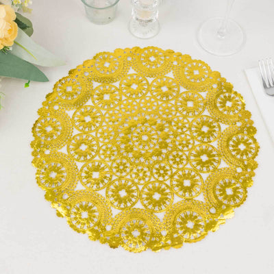 50-Pack Paper Round Placemats 12" Metallic Gold with Medallion Style - 50GSM Disposable Lace Doilies for Desserts, Crafts & Table Decor