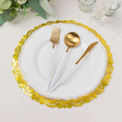 50-Pack Paper Round Placemats 12" Metallic Gold with Medallion Style - 50GSM Disposable Lace Doilies for Desserts, Crafts & Table Decor