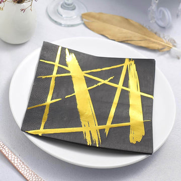 20 Pack Metallic Gold Streak Design Black Paper Dinner Napkins, Wedding Cocktail Napkins 3 Ply