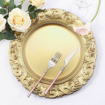 6 Pack Gold Vintage Plastic Serving Plates With Engraved Baroque Rim, Round Disposable Charger Plates 14"